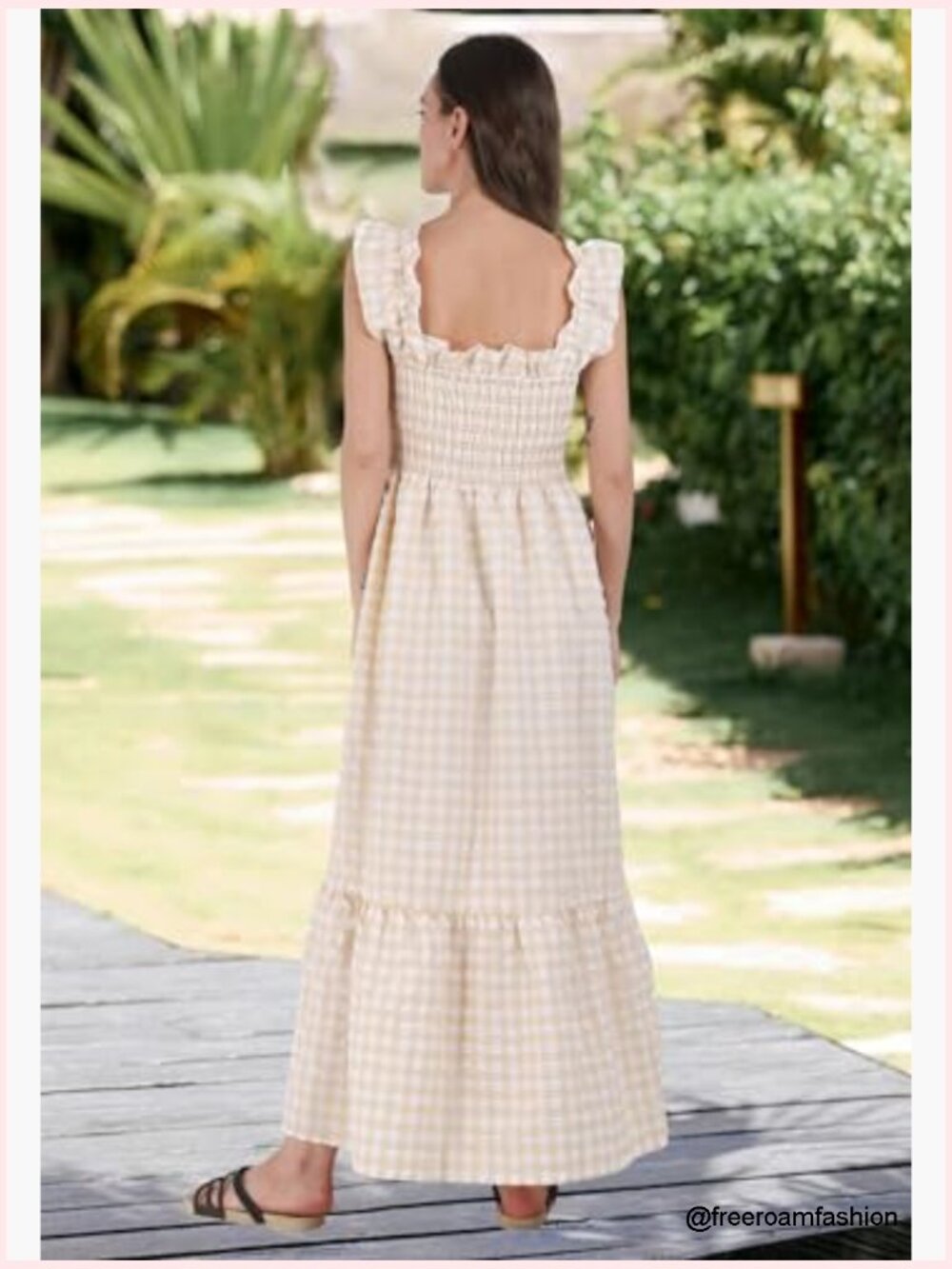 Retro Plaid Smocked Dress Spaghetti Strap Flounce Long Dress - Picture 5 of 7